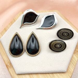 Vintage Pierced Stud Earrings Lot 3 Pairs Black Enamel Teardrop Oval Leaf 80s
